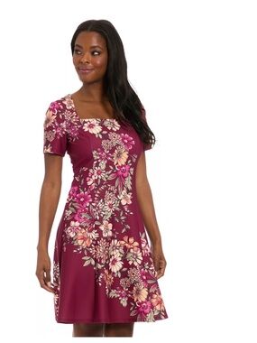 London Times Burgundy Floral Square-Neck Fit & Flare Dress🌺🌺🌺🌺